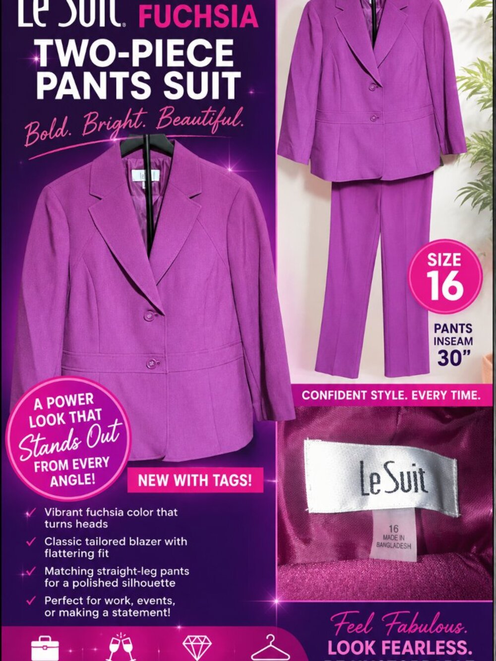NEW Le Suit Women’s Fuchsia Pink 2-Piece Blazer Pants Suit Size 16 30” Inseam